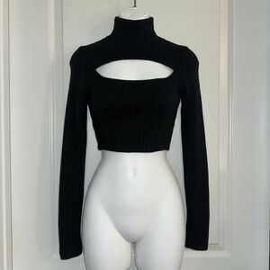 New M Black Ribbed Long Sleeve Mock Neck Cutout Crop Sweater Top Blouse Stretchy